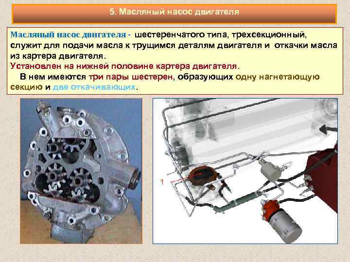 5. Масляный насос двигателя - шестеренчатого типа, трехсекционный, служит для подачи масла к трущимся