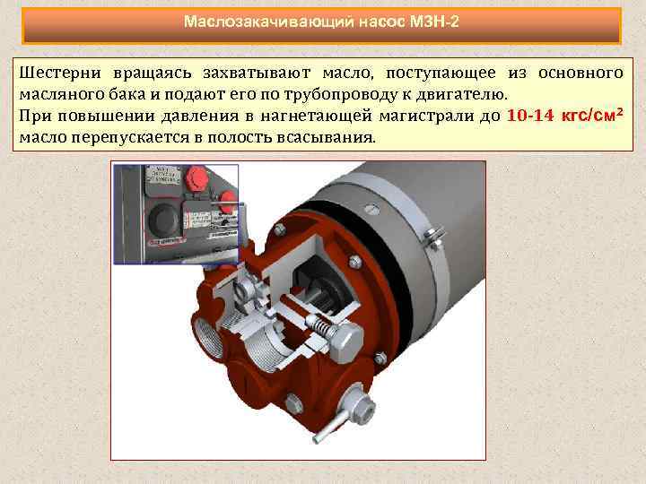 Маслозакачивающий насос МЗН-2 Шестерни вращаясь захватывают масло, поступающее из основного масляного бака и подают