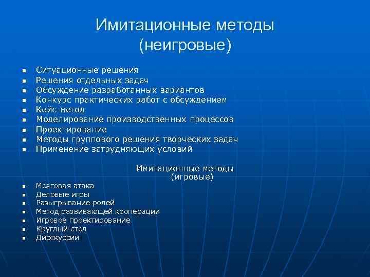 Имитационные методы (неигровые) n n n n n Ситуационные решения Решения отдельных задач Обсуждение