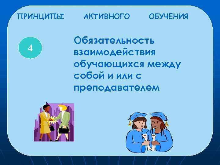 ПРИНЦИПЫ 4 АКТИВНОГО ОБУЧЕНИЯ Обязательность взаимодействия обучающихся между собой и или с преподавателем 