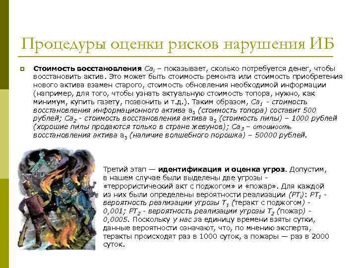 Процедуры оценки рисков нарушения ИБ p Стоимость восстановления Cаi – показывает, сколько потребуется денег,