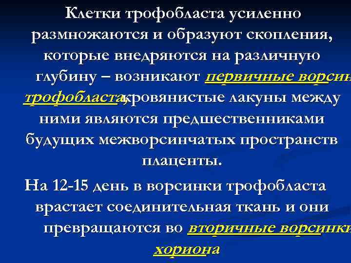 Клетки трофобласта усиленно размножаются и образуют скопления, которые внедряются на различную глубину – возникают