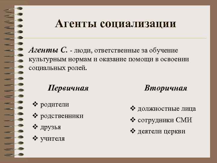 Агенты социализации Агенты С. - люди, ответственные за обучение культурным нормам и оказание помощи