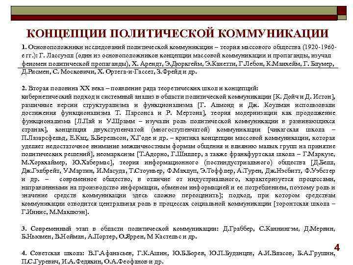 КОНЦЕПЦИИ ПОЛИТИЧЕСКОЙ КОММУНИКАЦИИ 1. Основоположники исследований политической коммуникации – теория массового общества (1920 1960