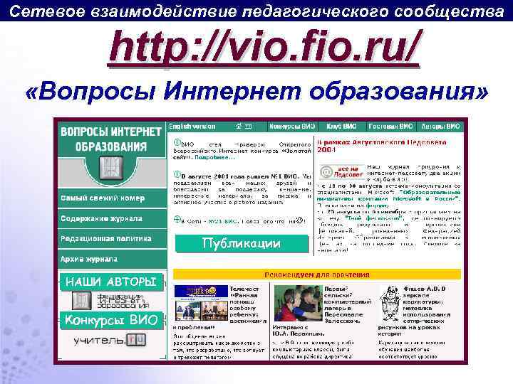 Сетевое взаимодействие педагогического сообщества http: //vio. fio. ru/ «Вопросы Интернет образования» Публикации НАШИ АВТОРЫ