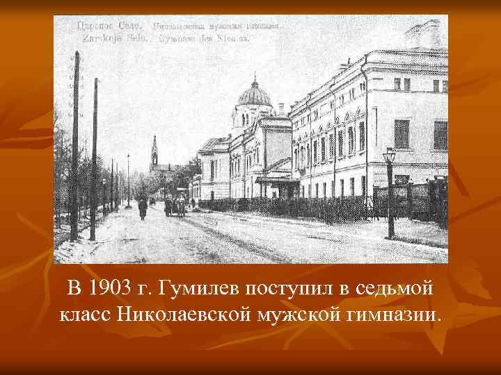 В 1903 г. Гумилев поступил в седьмой класс Hиколаевской мужской гимназии. 