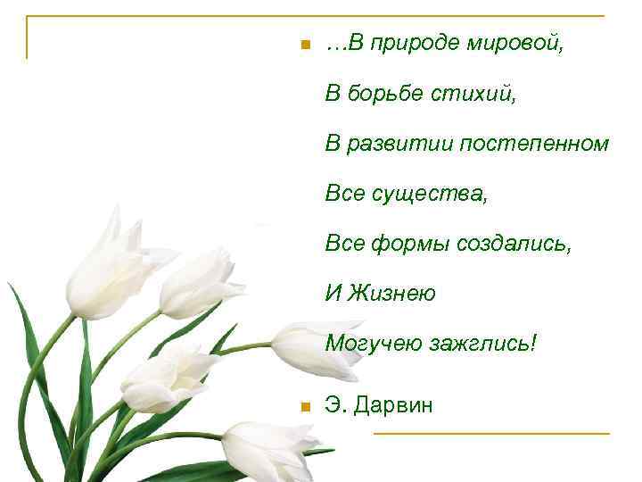 n …В природе мировой, В борьбе стихий, В развитии постепенном Все существа, Все формы