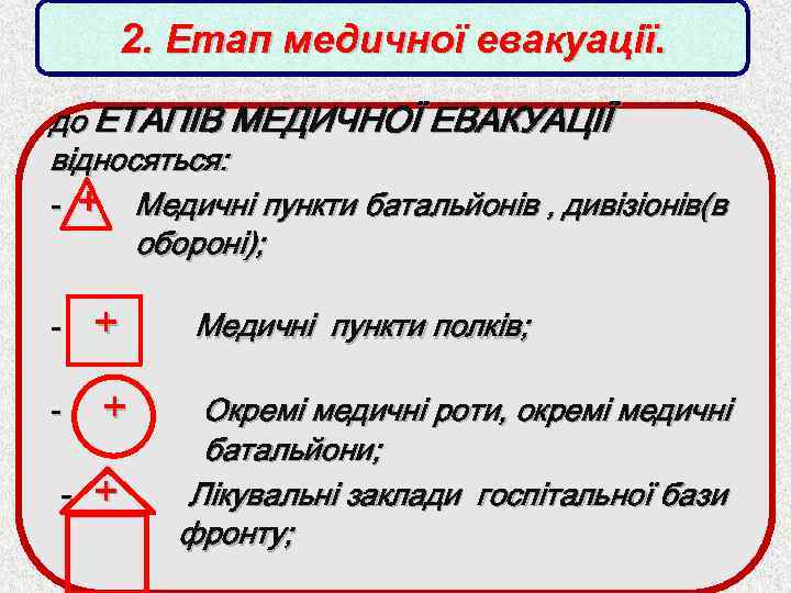 2. Етап медичної евакуації. до ЕТАПІВ МЕДИЧНОЇ ЕВАКУАЦІЇ відносяться: - + Медичні пункти батальйонів