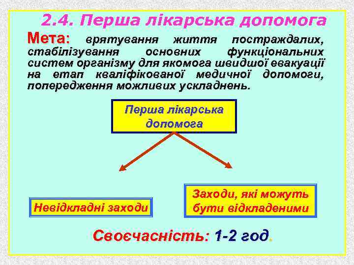 2. 4. Перша лікарська допомога Мета: врятування життя постраждалих, стабілізування основних функціональних систем організму