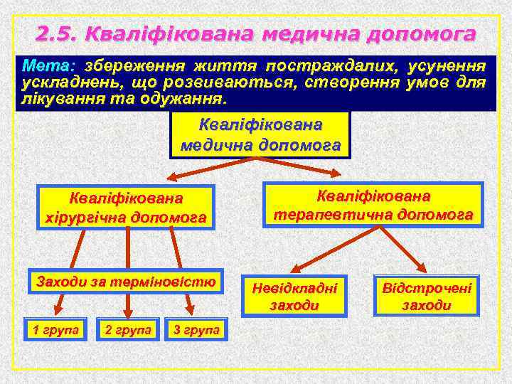 2. 5. Кваліфікована медична допомога Мета: збереження життя постраждалих, усунення ускладнень, що розвиваються, створення