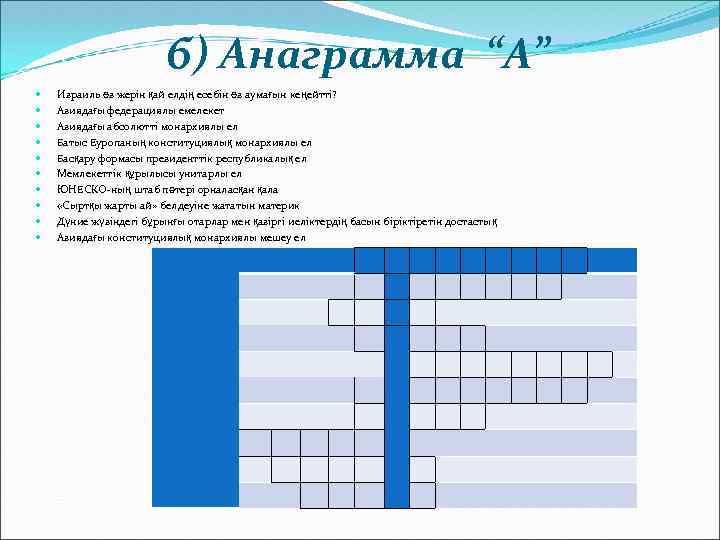     б) Анаграмма “А” Израиль өз жерін қай елдің есебін өз