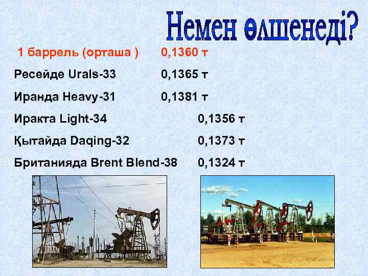1 баррель (орташа ) 0, 1360 т Ресейде Urals-33 0, 1365 т Иранда Heavy-31