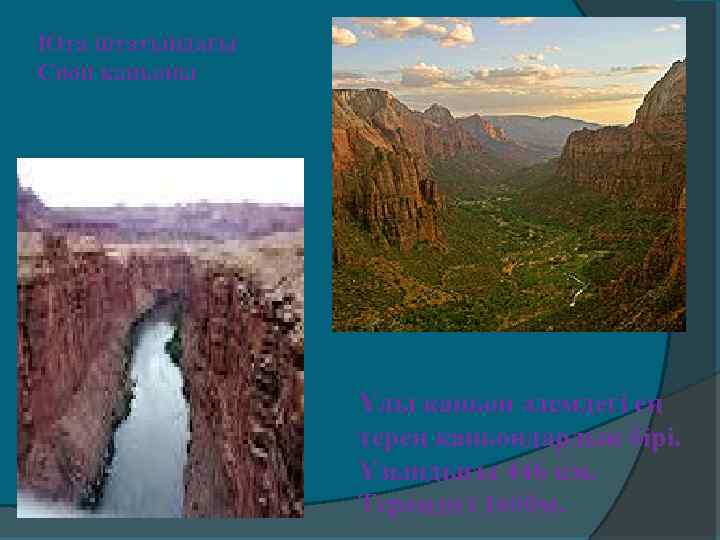 Юта штатындағы Сион каньоны Ұлы каньон әлемдегі ең терең каньондардың бірі. Ұзындығы 446 км.