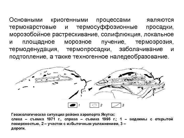 Основными криогенными процессами являются термокарстовые и термосуффозионные просадки, морозобойное растрескивание, солифлюкция, локальное и площадное