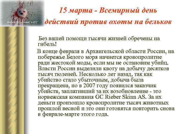 15 марта - Всемирный день действий против охоты на бельков Без вашей помощи тысячи