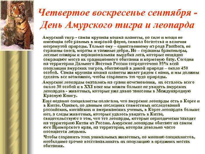 Четвертое воскресенье сентября День Амурского тигра и леопарда Амурский тигр - самая крупная кошка