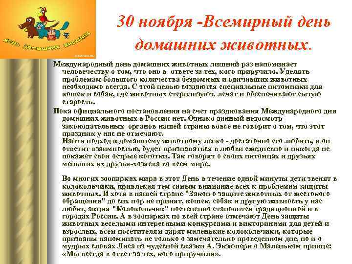 30 ноября -Всемирный день домашних животных. Международный день домашних животных лишний раз напоминает человечеству
