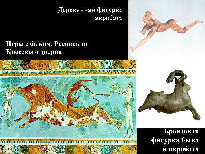 Деревянная фигурка акробата Игры с быком. Роспись из Кносского дворца Бронзовая фигурка быка и