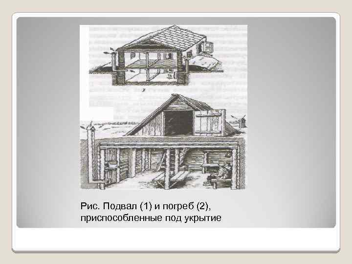 Рис. Подвал (1) и погреб (2), приспособленные под укрытие 