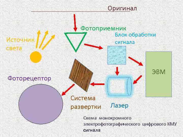 Оригинал Фотоприемник Блок обработки сигнала Источник света ЭВМ Фоторецептор Система развертки Лазер Схема монохромного