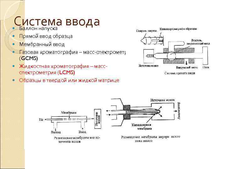 Система ввода Баллон напуска Прямой ввод образца Мембранный ввод Газовая хроматография – масс-спектрометрия (GCMS)