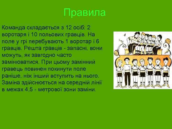 Правила Команда складається з 12 осіб: 2 воротаря і 10 польових гравців. На поле