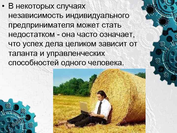  • В некоторых случаях независимость индивидуального предпринимателя может стать недостатком - она часто