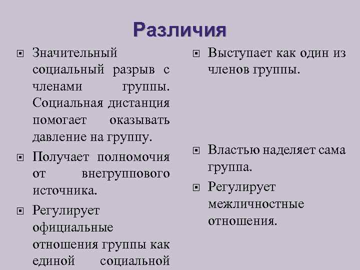 Различия Значительный социальный разрыв с членами группы. Социальная дистанция помогает оказывать давление на группу.