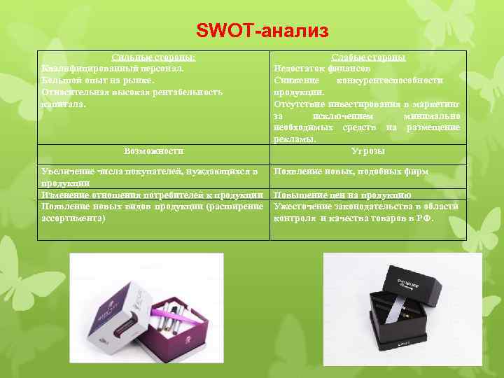 SWOT-анализ Сильные стороны: Квалифицированный персонал. Большой опыт на рынке. Относительная высокая рентабельность капитала. Возможности
