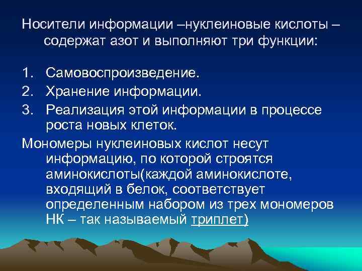 Носители информации –нуклеиновые кислоты – содержат азот и выполняют три функции: 1. Самовоспроизведение. 2.