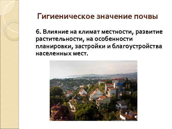 Гигиеническое значение почвы 6. Влияние на климат местности, развитие растительности, на особенности планировки, застройки