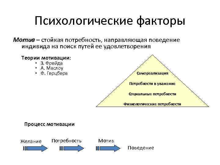 Психологические факторы Мотив – стойкая потребность, направляющая поведение индивида на поиск путей ее удовлетворения