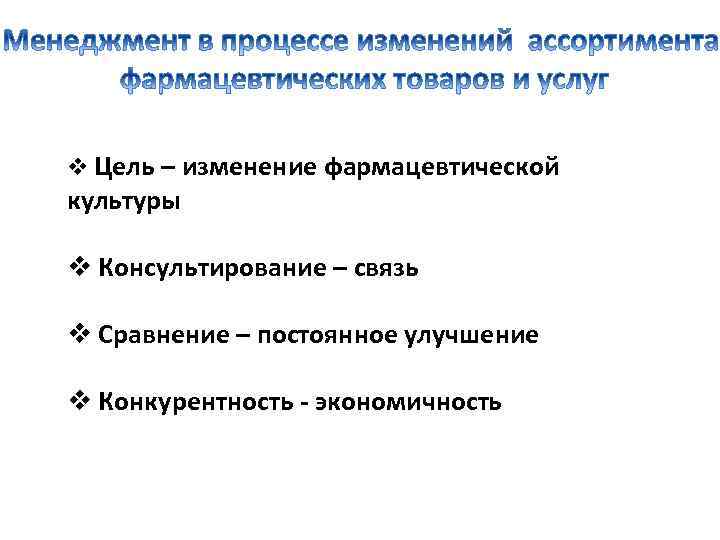 Цель изменений. Основы фармацевтического менеджмента. Особенности менеджмента в фармации. Фармацевтический менеджмент презентация. Менеджмент в фармации презентация.