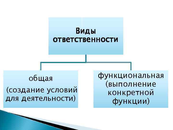 Виды ответственности общая (создание условий для деятельности) функциональная (выполнение конкретной функции) 