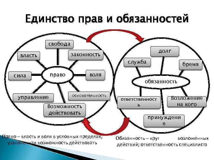 Единство прав и обязанностей свобода законность власть воля право сила управление основательность Возможность действовать