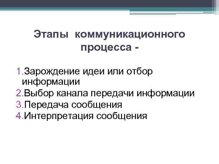 Этапы коммуникационного процесса 1. Зарождение идеи или отбор информации 2. Выбор канала передачи информации