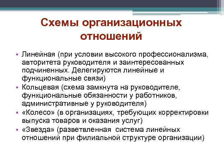 Схемы организационных отношений • Линейная (при условии высокого профессионализма, авторитета руководителя и заинтересованных подчиненных.