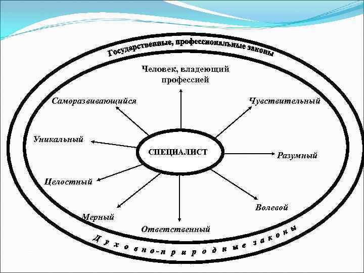 Человек, владеющий профессией Саморазвивающийся Чувствительный Уникальный СПЕЦИАЛИСТ Разумный Целостный Волевой Мерный Ответственный 