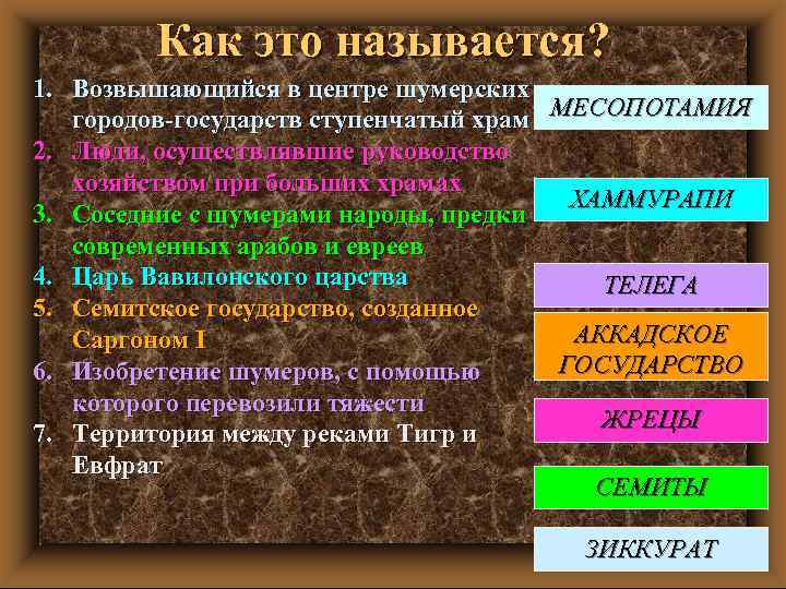 Как это называется? 1. Возвышающийся в центре шумерских городов-государств ступенчатый храм МЕСОПОТАМИЯ 2. Люди,