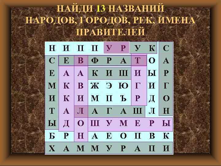 НАЙДИ 13 НАЗВАНИЙ НАРОДОВ, ГОРОДОВ, РЕК, ИМЕНА ПРАВИТЕЛЕЙ Н С Е М И Т