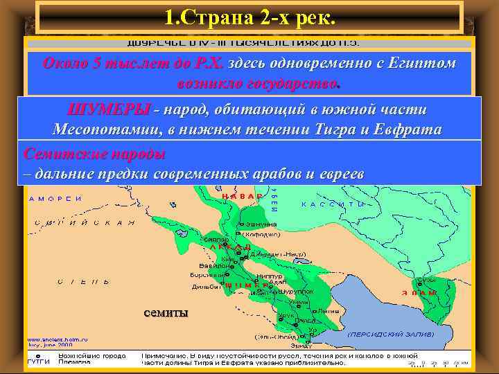 1. Страна 2 -х рек. Около 5 тыс. лет до Р. Х. здесь одновременно