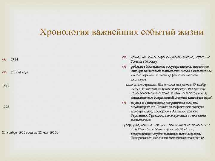 Хронология важнейших событий жизни 1924 С 1924 года 1925 21 ноября 1925 года по