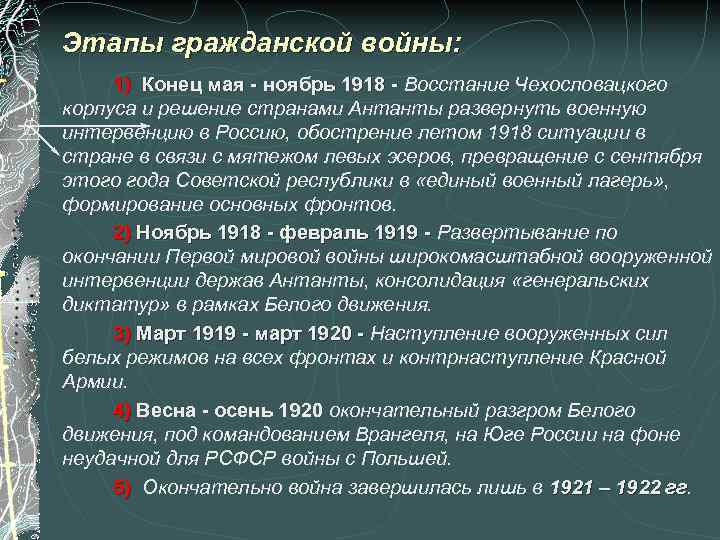 Этапы гражданской войны: 1) Конец мая - ноябрь 1918 - Восстание Чехословацкого Конец мая