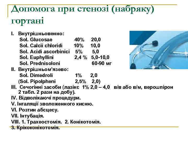 Допомога при стенозі (набряку) гортані І. Внутрішньовенно: Sol. Glucosae 40% 20, 0 Sol. Calcii