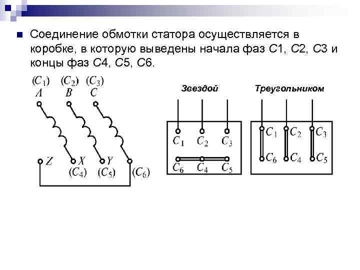 n Соединение обмотки статора осуществляется в коробке, в которую выведены начала фаз С 1,