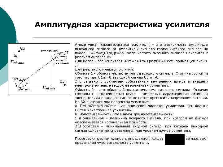 Амплитудная характеристика усилителя – это зависимость амплитуды выходного сигнала от амплитуды сигнала гармонического сигнала