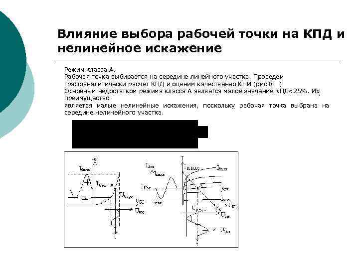 Влияние выбора рабочей точки на КПД и нелинейное искажение Режим класса А. Рабочая точка