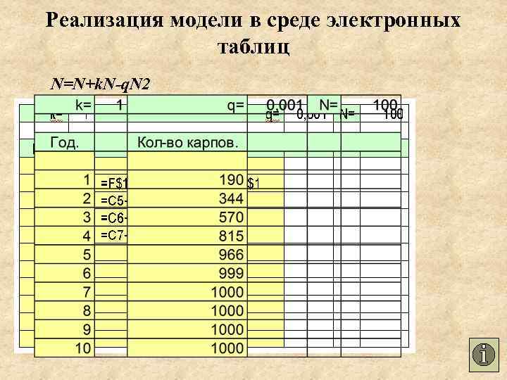 Реализация модели в среде электронных таблиц N=N+k. N-q. N 2 
