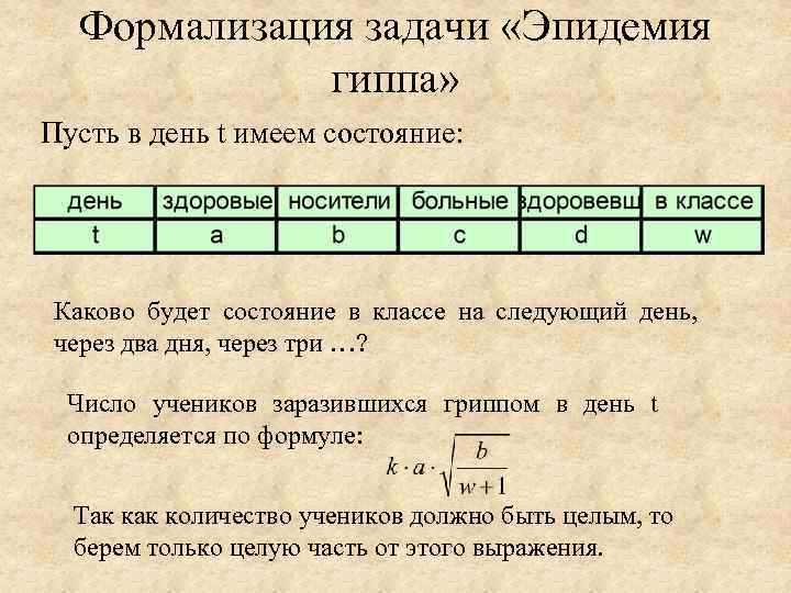 Формализация задачи «Эпидемия гиппа» Пусть в день t имеем состояние: Каково будет состояние в