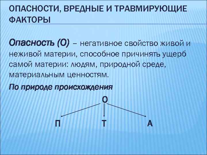 ОПАСНОСТИ, ВРЕДНЫЕ И ТРАВМИРУЮЩИЕ ФАКТОРЫ Опасность (О) – негативное свойство живой и неживой материи,